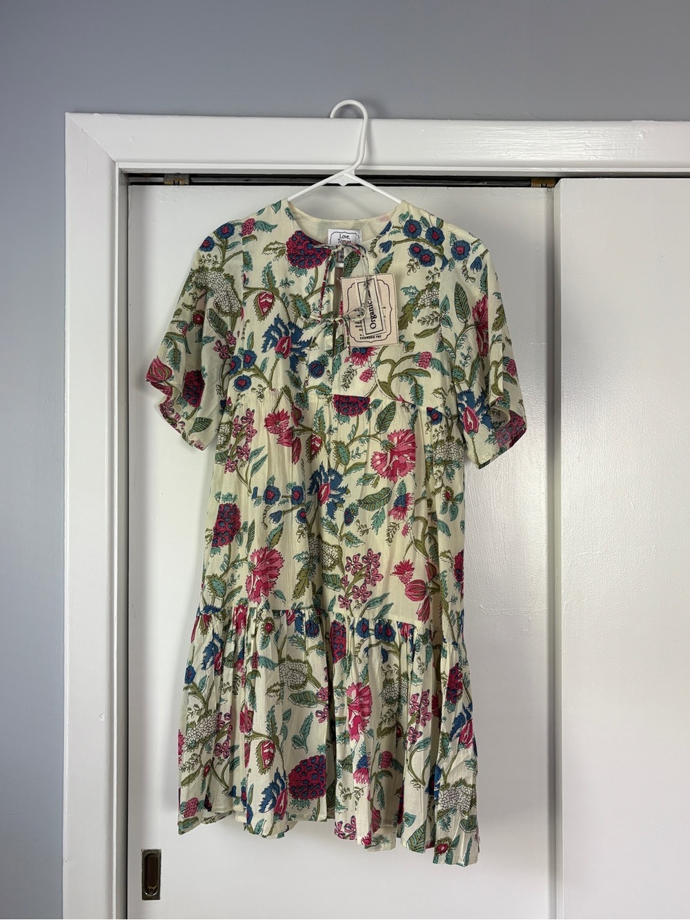 Emerson Fry Cream Floral Short-Sleeve Tiered Dress with Pink and Blue Flowers
